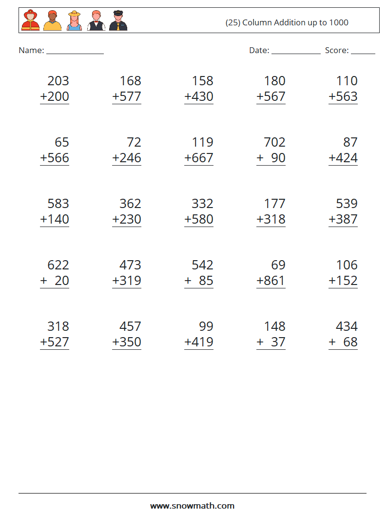 (25) Column Addition up to 1000 Math Worksheets 5