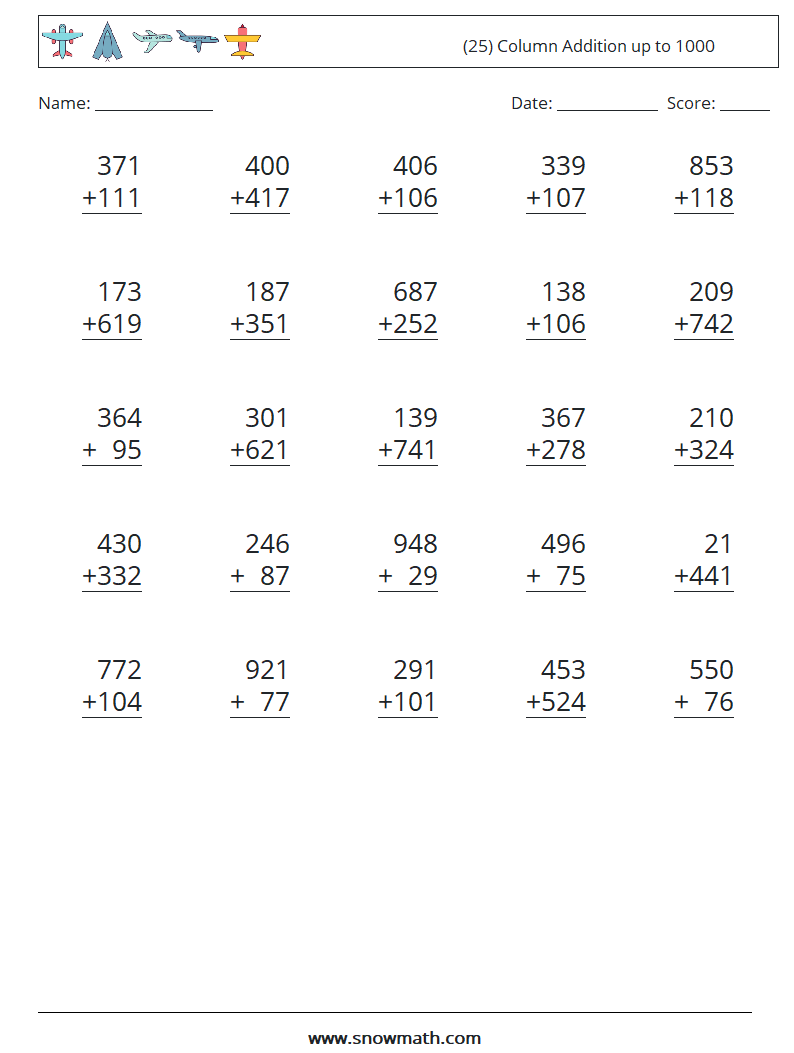 (25) Column Addition up to 1000 Math Worksheets 7