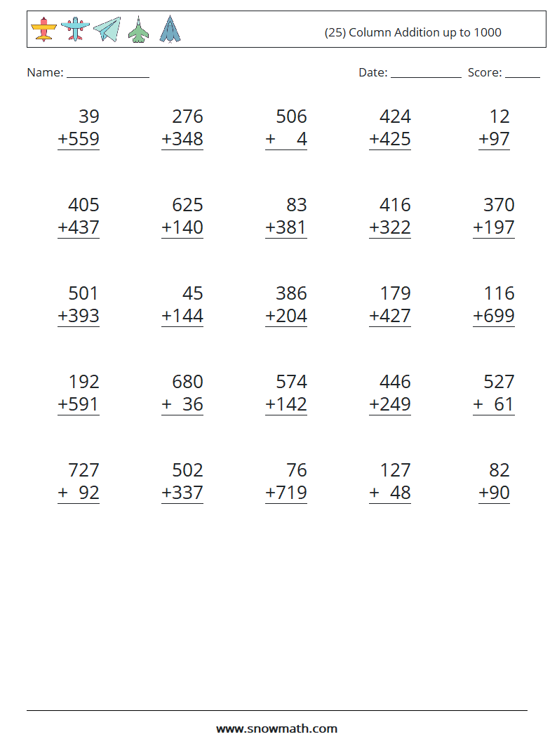 (25) Column Addition up to 1000 Math Worksheets 8