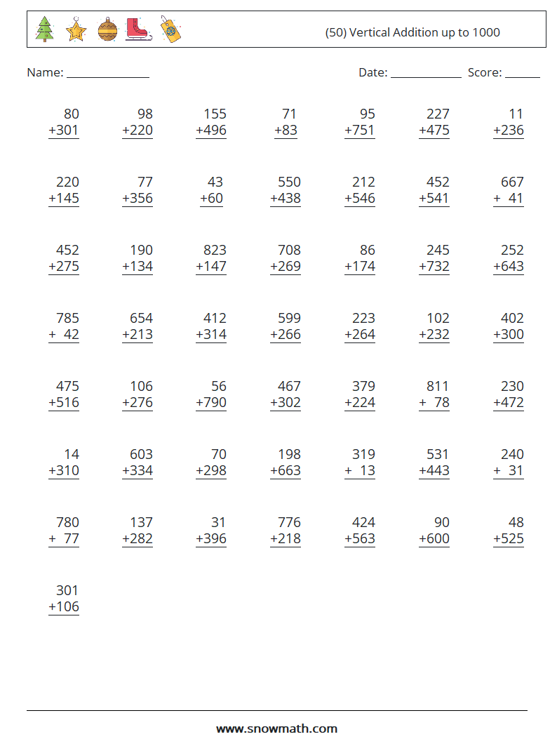 (50) Vertical Addition up to 1000