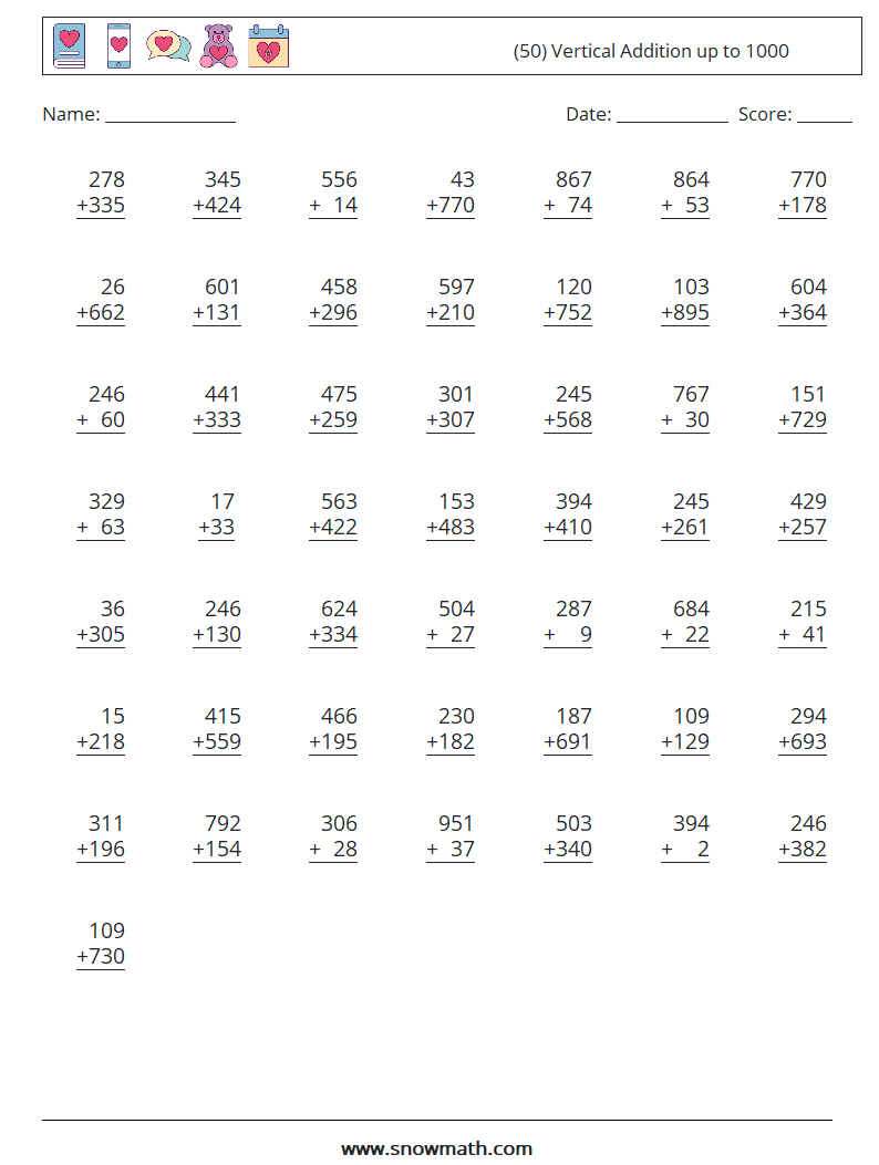 (50) Vertical Addition up to 1000 Math Worksheets 10