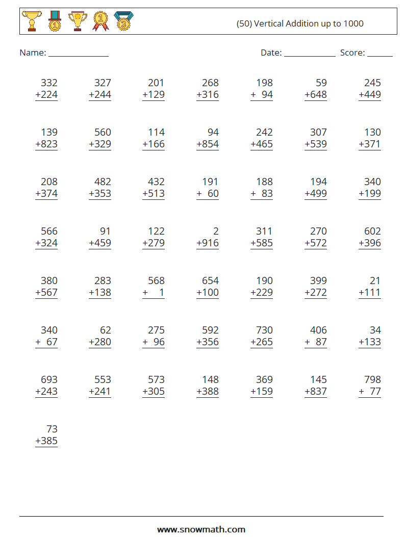 (50) Vertical Addition up to 1000 Math Worksheets 12