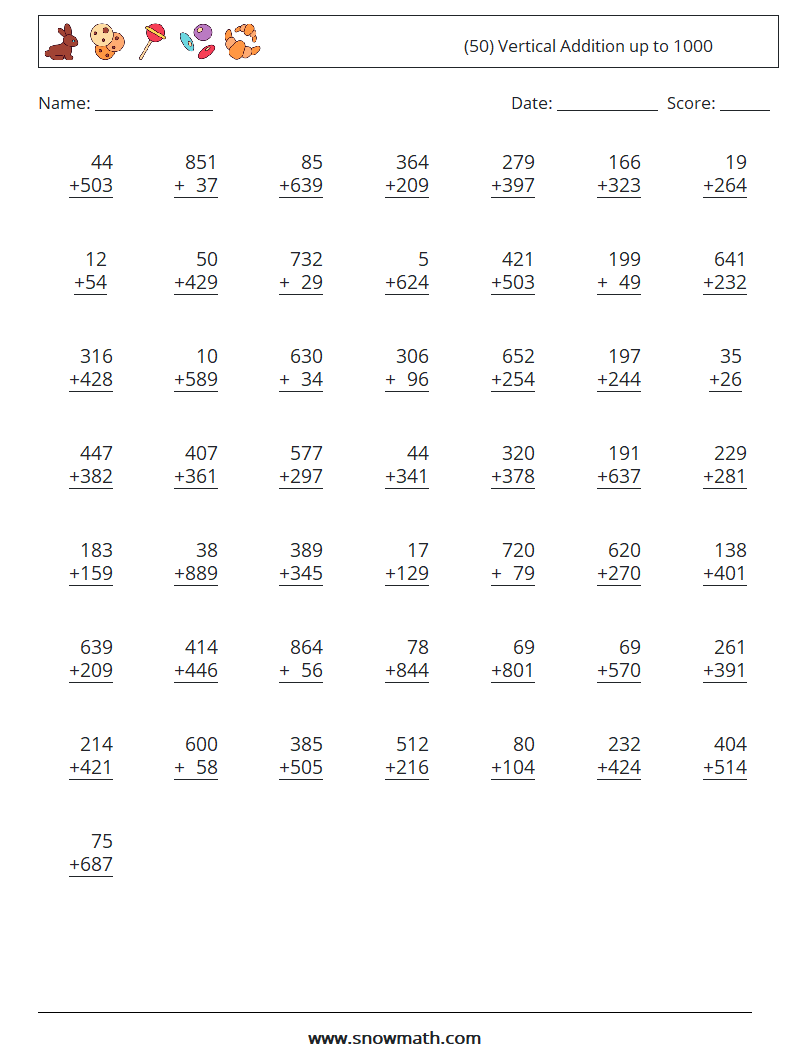 (50) Vertical Addition up to 1000 Math Worksheets 13