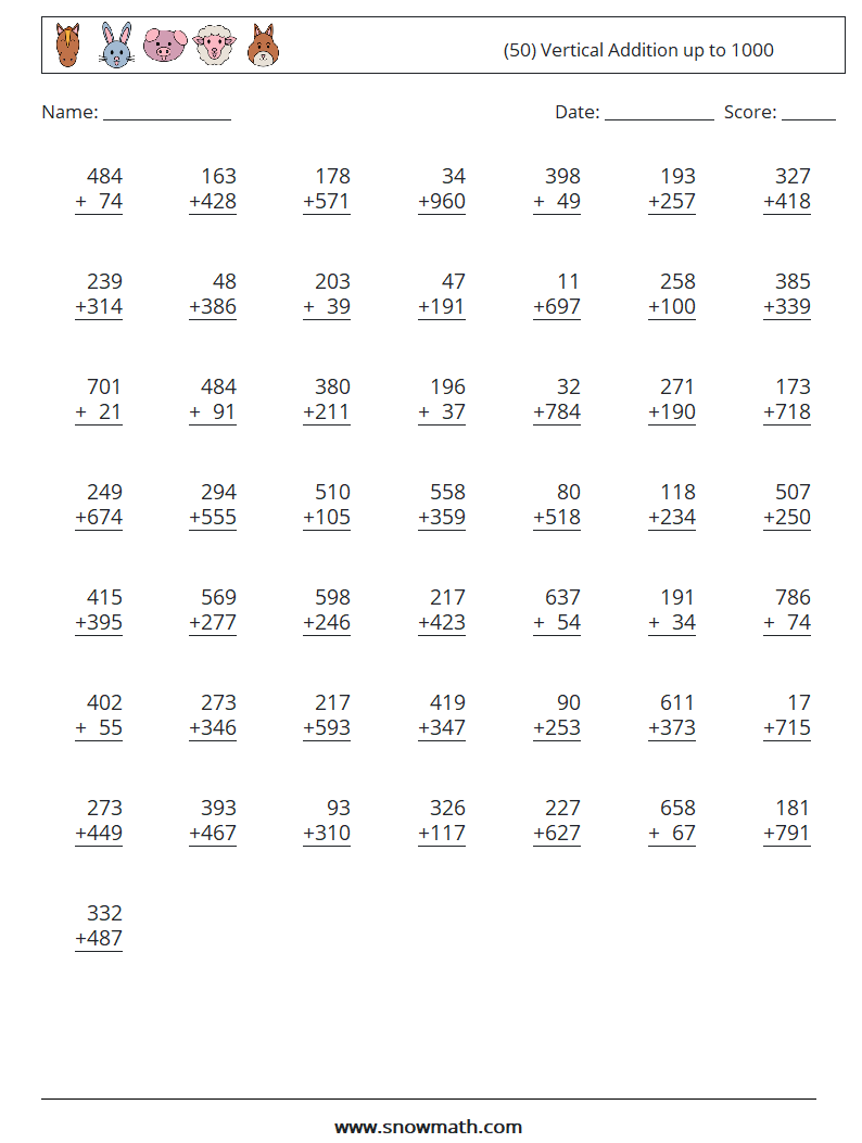 (50) Vertical Addition up to 1000 Math Worksheets 14