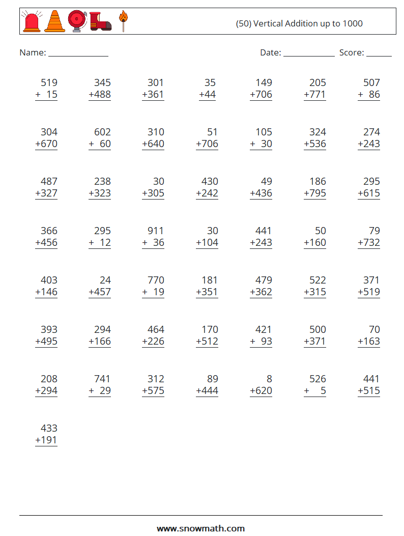 (50) Vertical Addition up to 1000 Math Worksheets 17