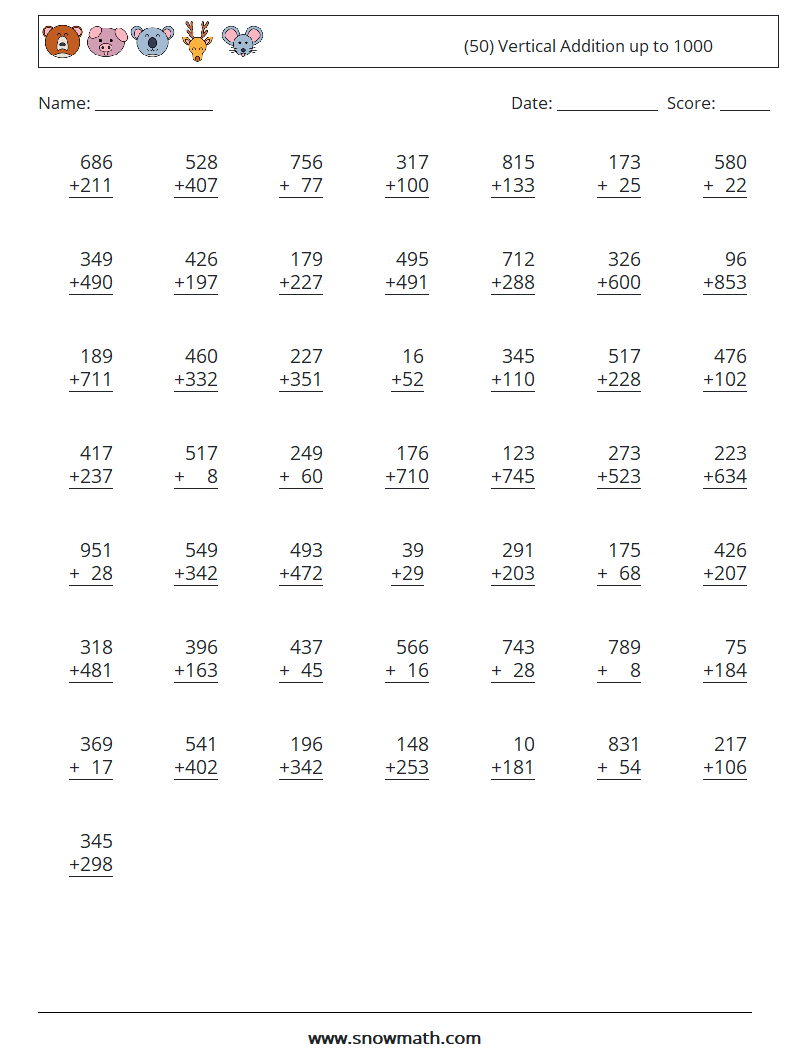 (50) Vertical Addition up to 1000 Maths Worksheets 18