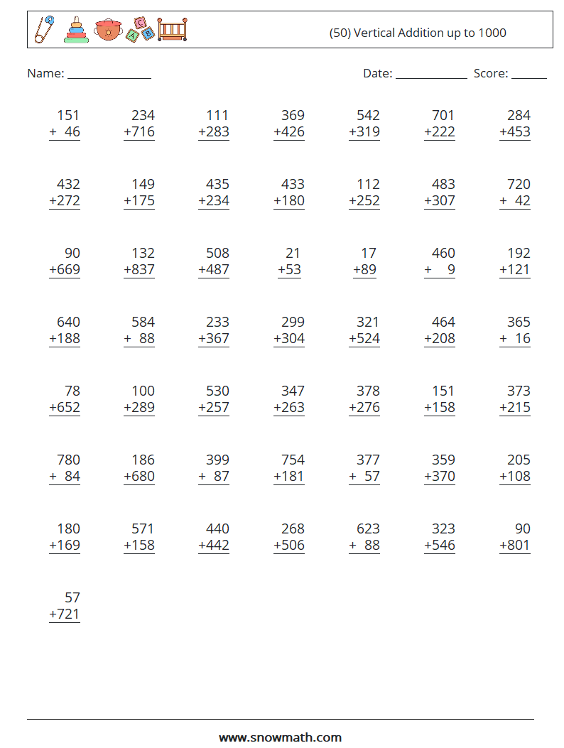 (50) Vertical Addition up to 1000 Maths Worksheets 2
