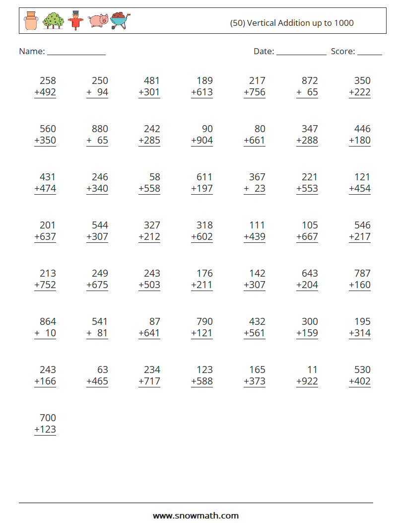 (50) Vertical Addition up to 1000 Math Worksheets 3