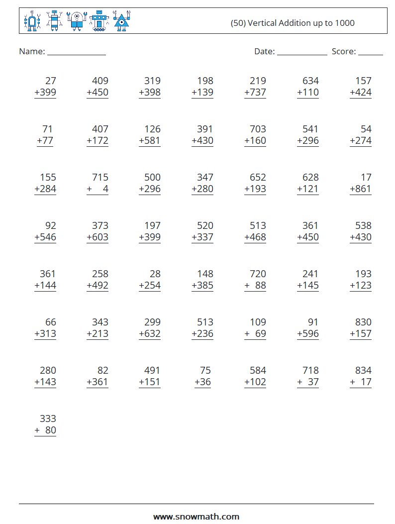 (50) Vertical Addition up to 1000 Math Worksheets 5