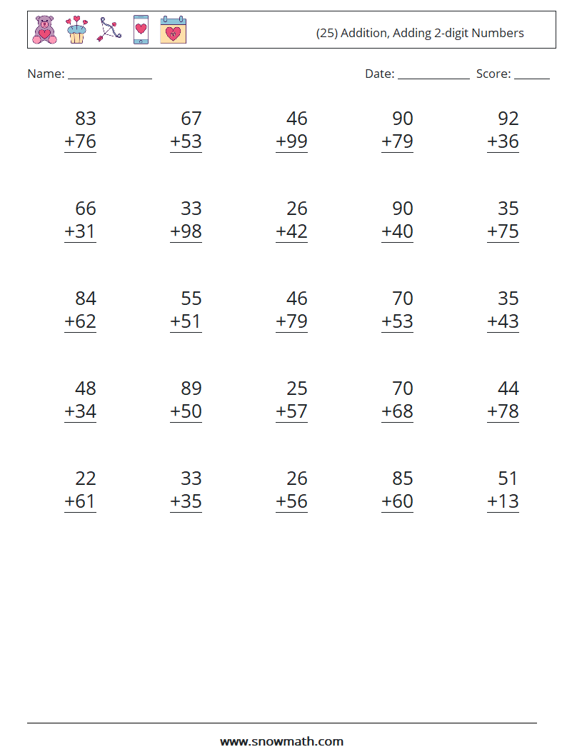 (25) Addition, Adding 2-digit Numbers Math Worksheets 10