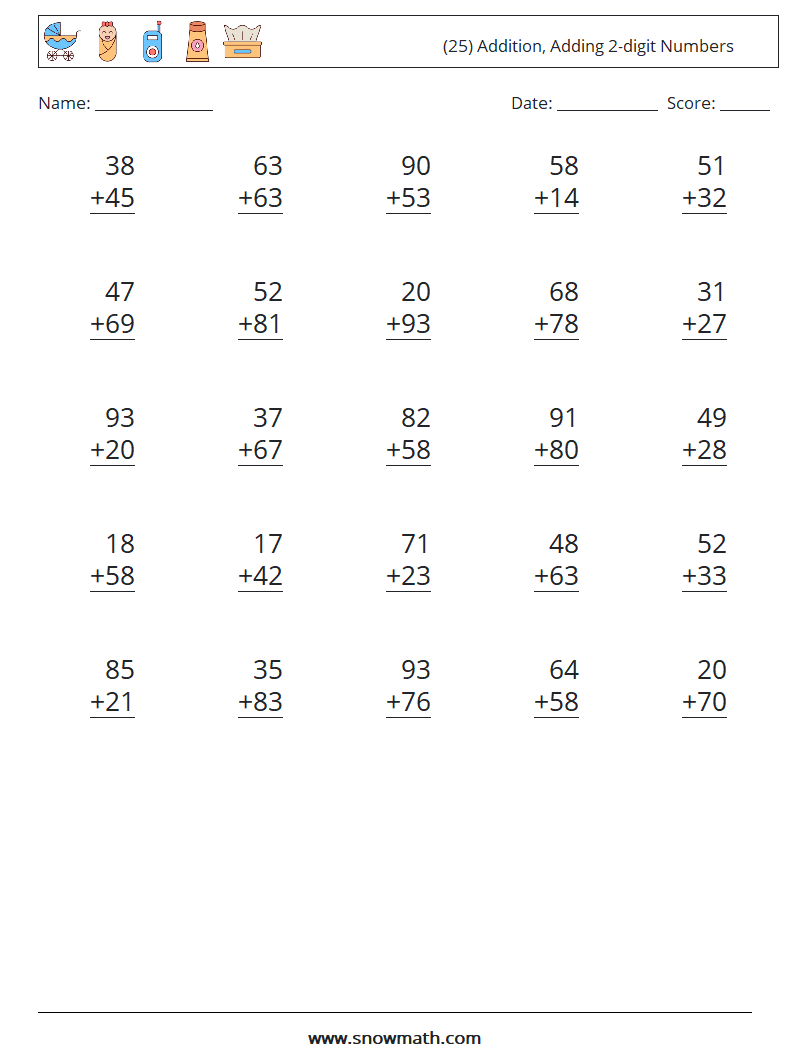 (25) Addition, Adding 2-digit Numbers Math Worksheets 11