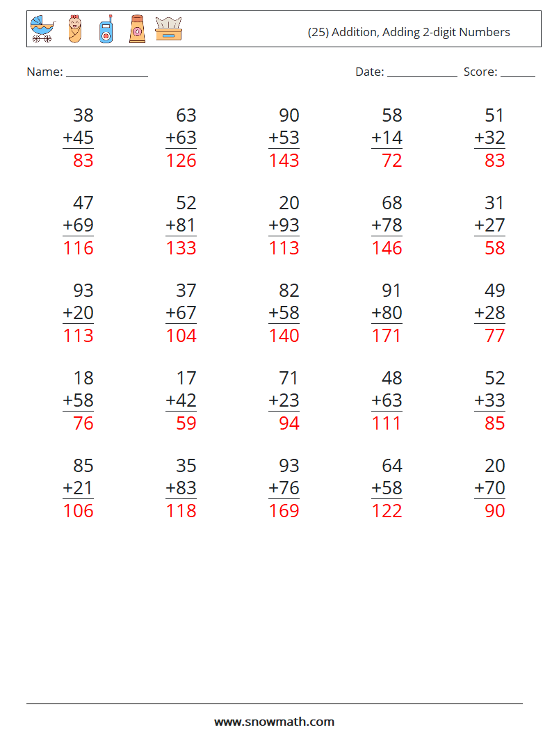 (25) Addition, Adding 2-digit Numbers Math Worksheets 11 Question, Answer