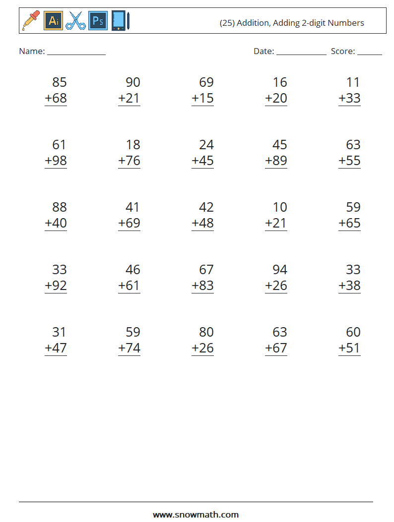 (25) Addition, Adding 2-digit Numbers Maths Worksheets 13