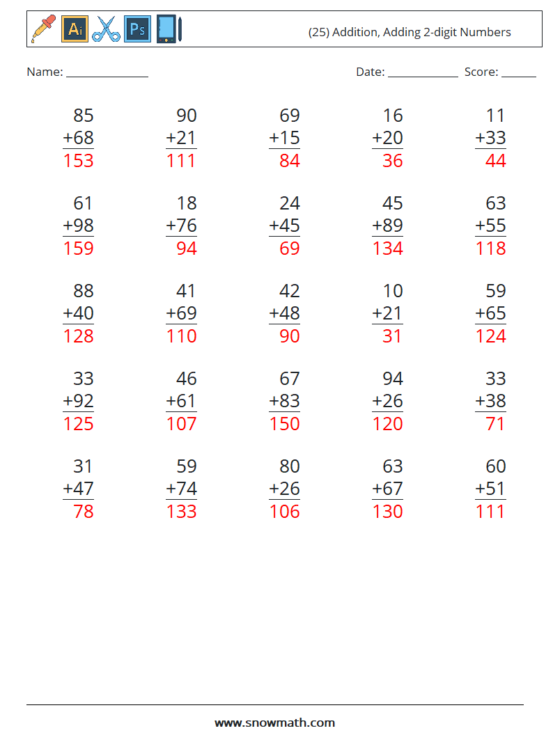 (25) Addition, Adding 2-digit Numbers Math Worksheets 13 Question, Answer