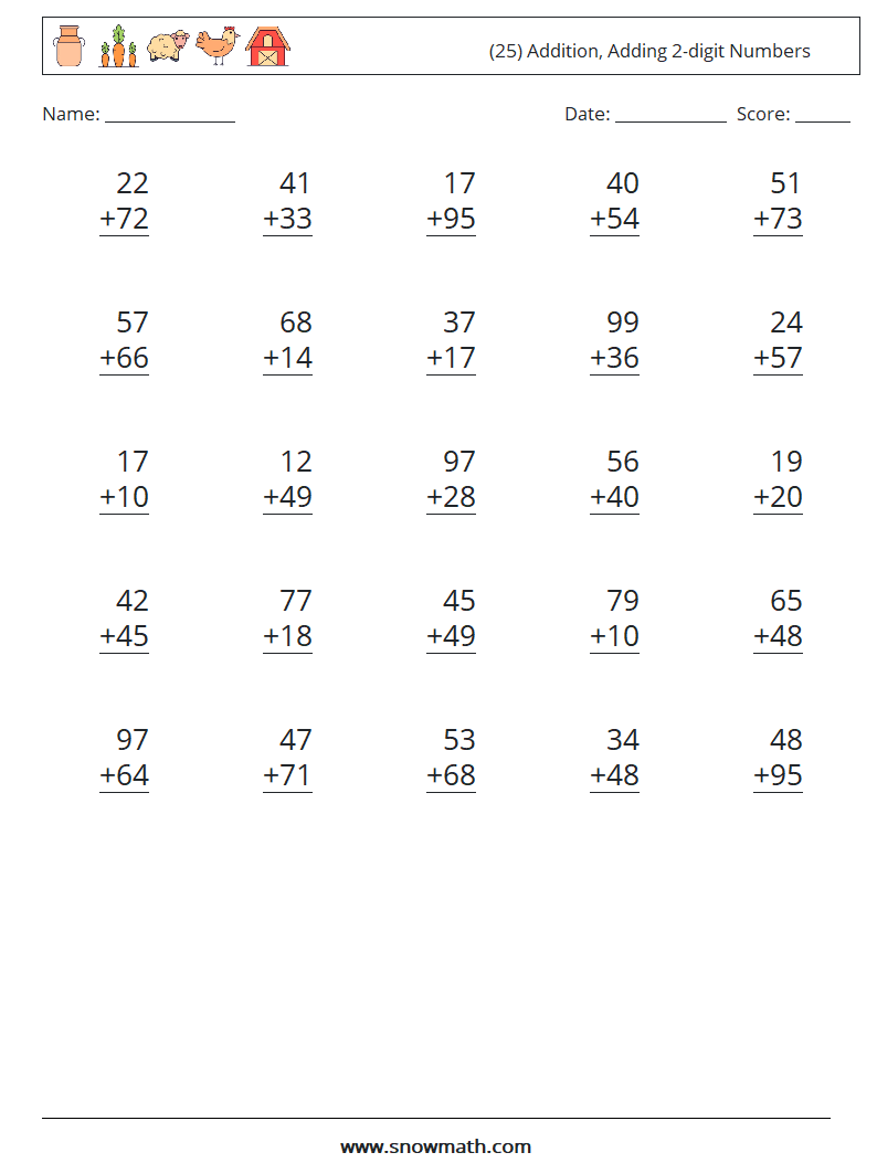 (25) Addition, Adding 2-digit Numbers Maths Worksheets 14