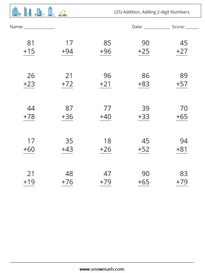 (25) Addition, Adding 2-digit Numbers Maths Worksheets 16
