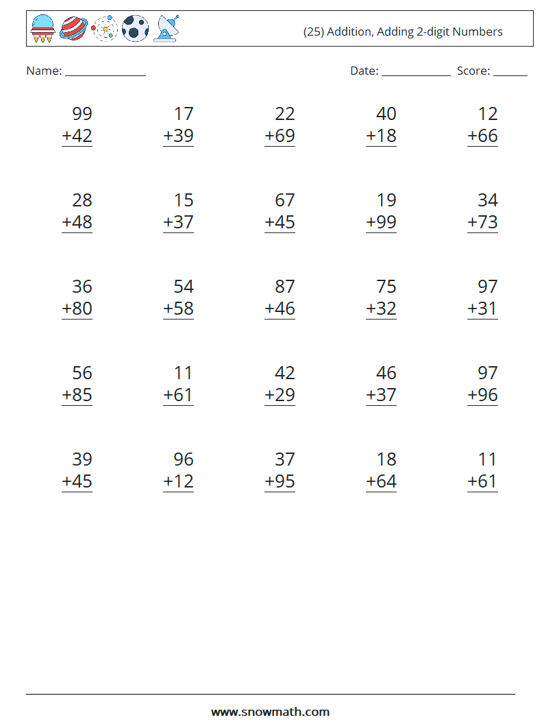 (25) Addition, Adding 2-digit Numbers Math Worksheets 18