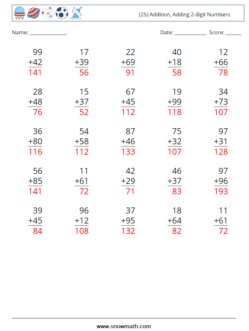 (25) Addition, Adding 2-digit Numbers Math Worksheets 18 Question, Answer