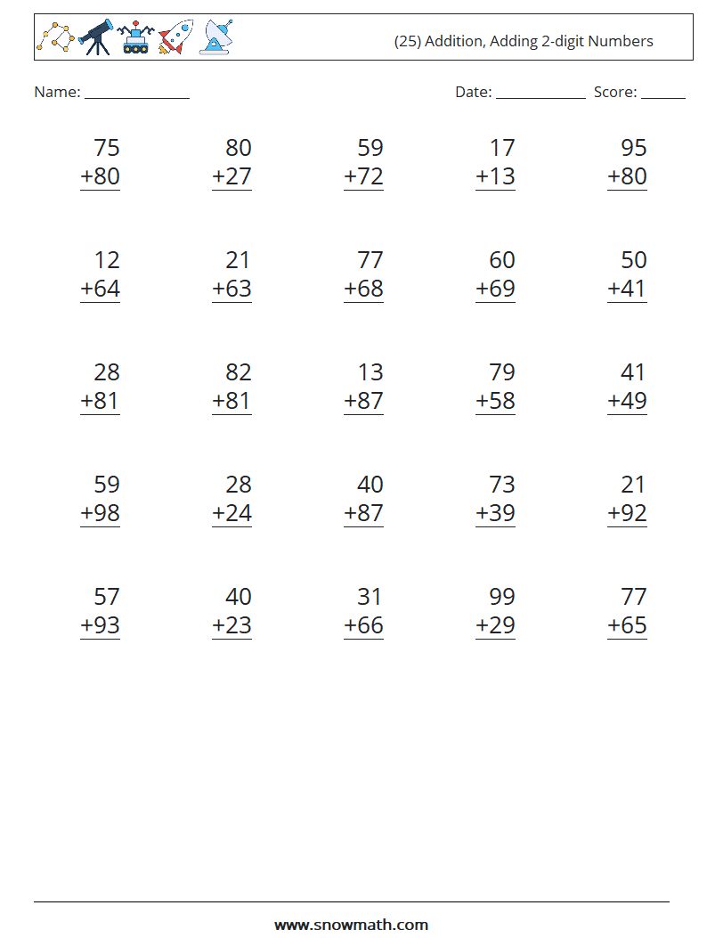 (25) Addition, Adding 2-digit Numbers Math Worksheets 4