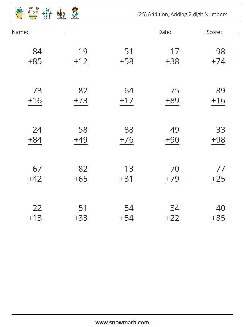 (25) Addition, Adding 2-digit Numbers Math Worksheets 5