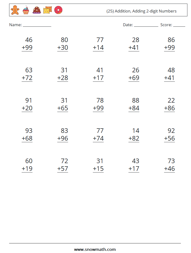 (25) Addition, Adding 2-digit Numbers Math Worksheets 7