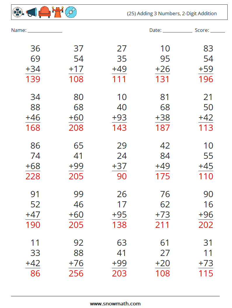 (25) Adding 3 Numbers, 2-Digit Addition Math Worksheets 12 Question, Answer