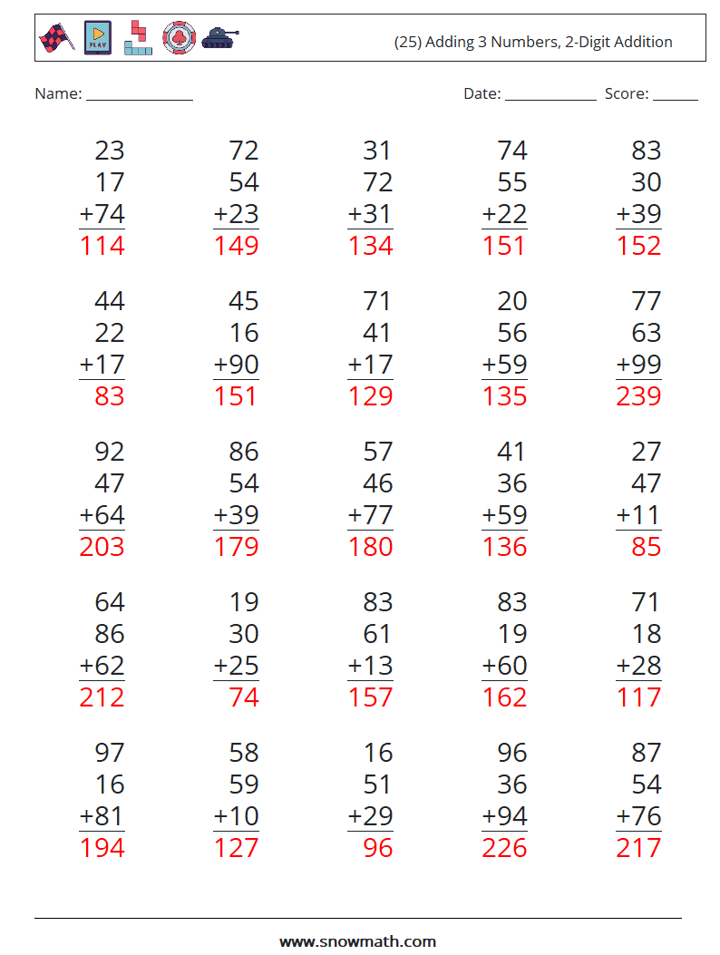 (25) Adding 3 Numbers, 2-Digit Addition Math Worksheets 13 Question, Answer