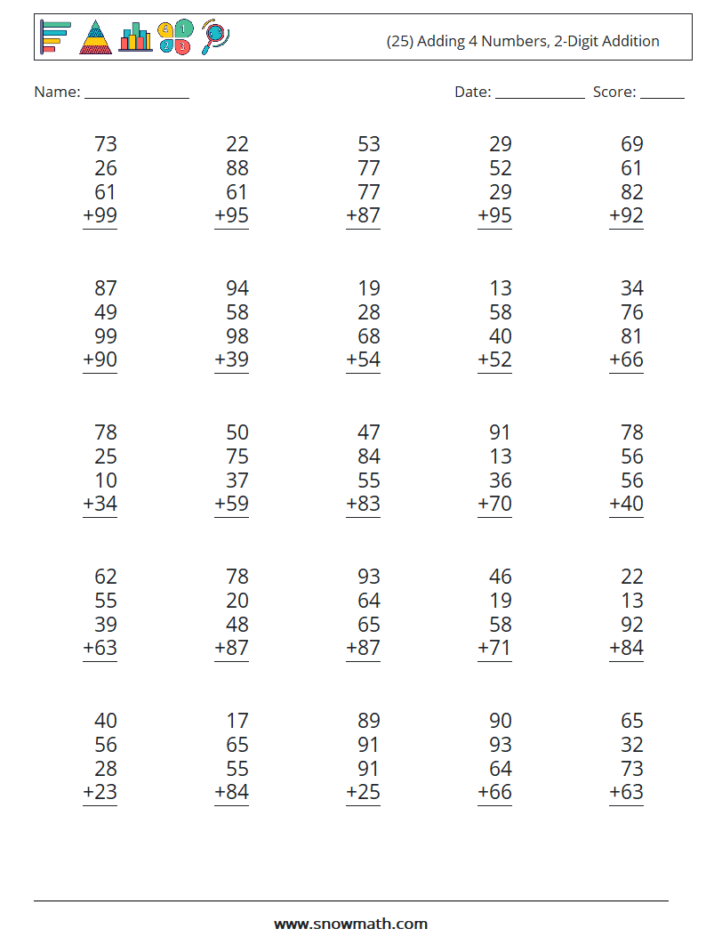 (25) Adding 4 Numbers, 2-Digit Addition