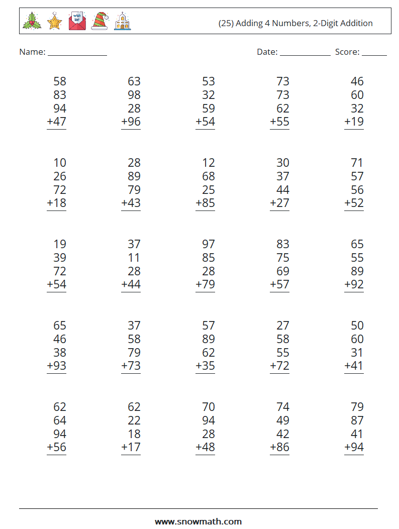 (25) Adding 4 Numbers, 2-Digit Addition Maths Worksheets 10