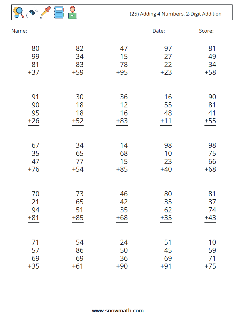 (25) Adding 4 Numbers, 2-Digit Addition Maths Worksheets 11
