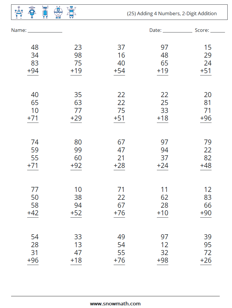 (25) Adding 4 Numbers, 2-Digit Addition Math Worksheets 12