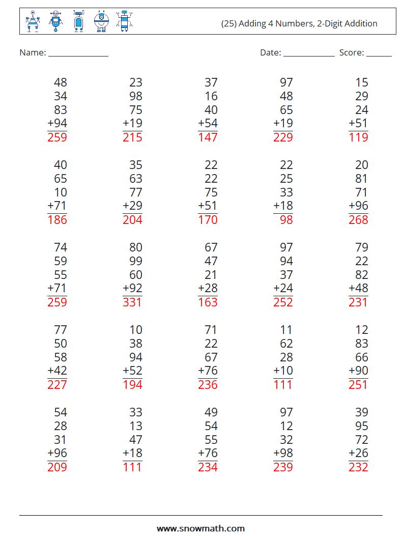 (25) Adding 4 Numbers, 2-Digit Addition Math Worksheets 12 Question, Answer