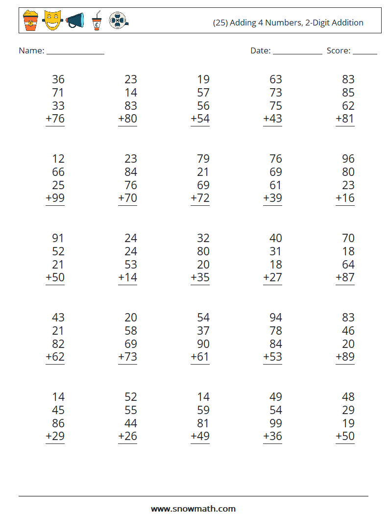 (25) Adding 4 Numbers, 2-Digit Addition Math Worksheets 13