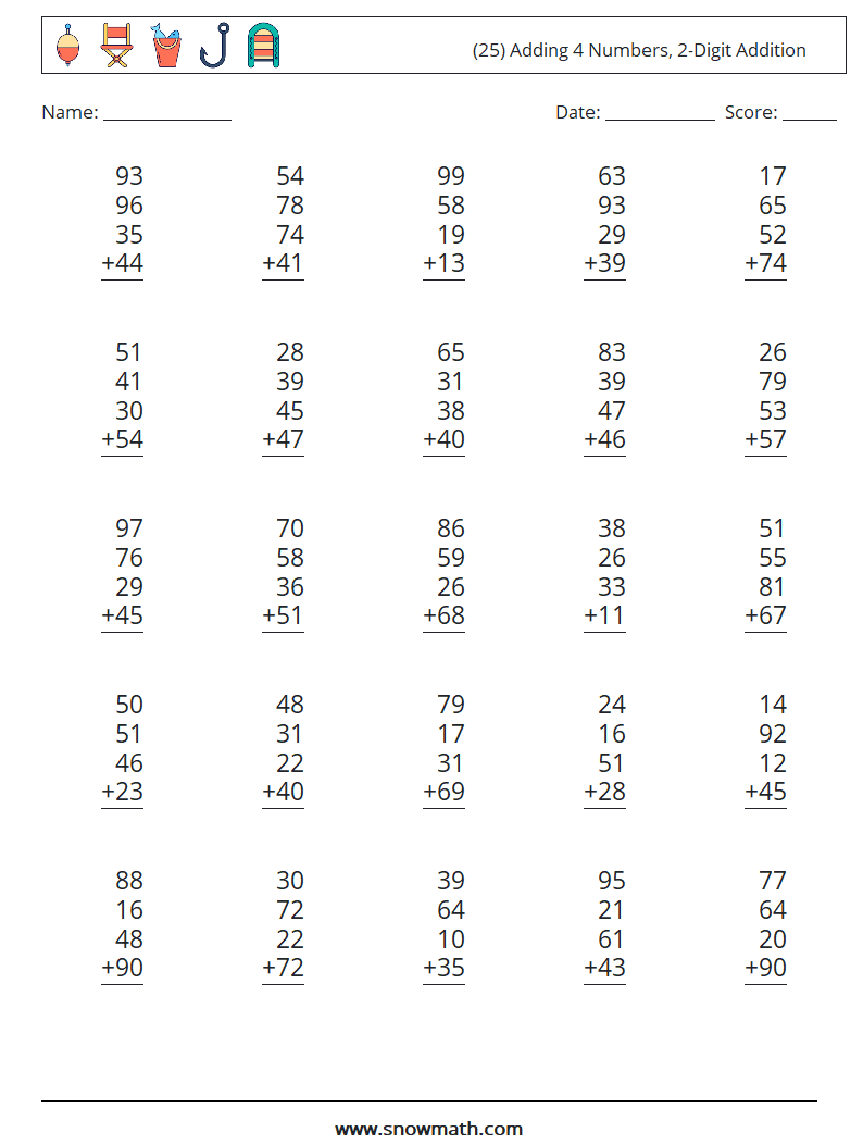 (25) Adding 4 Numbers, 2-Digit Addition Maths Worksheets 14