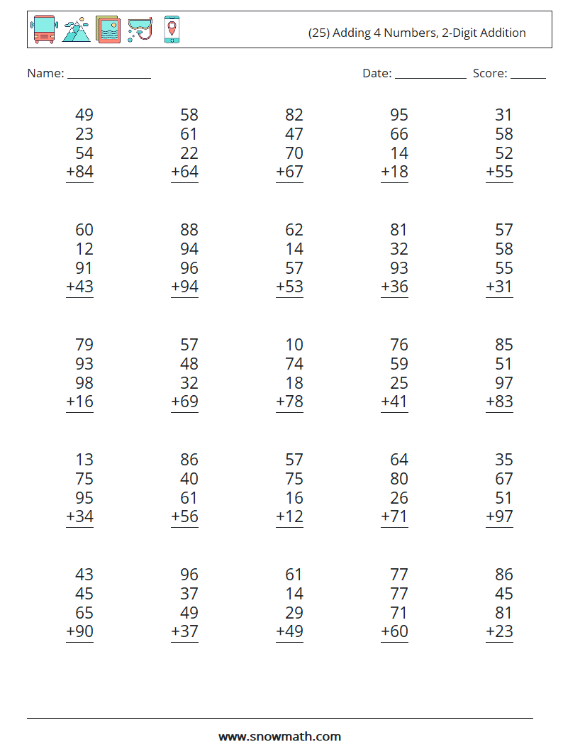 (25) Adding 4 Numbers, 2-Digit Addition Maths Worksheets 15