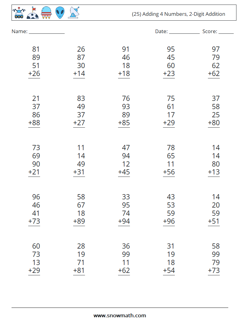 (25) Adding 4 Numbers, 2-Digit Addition Math Worksheets 16