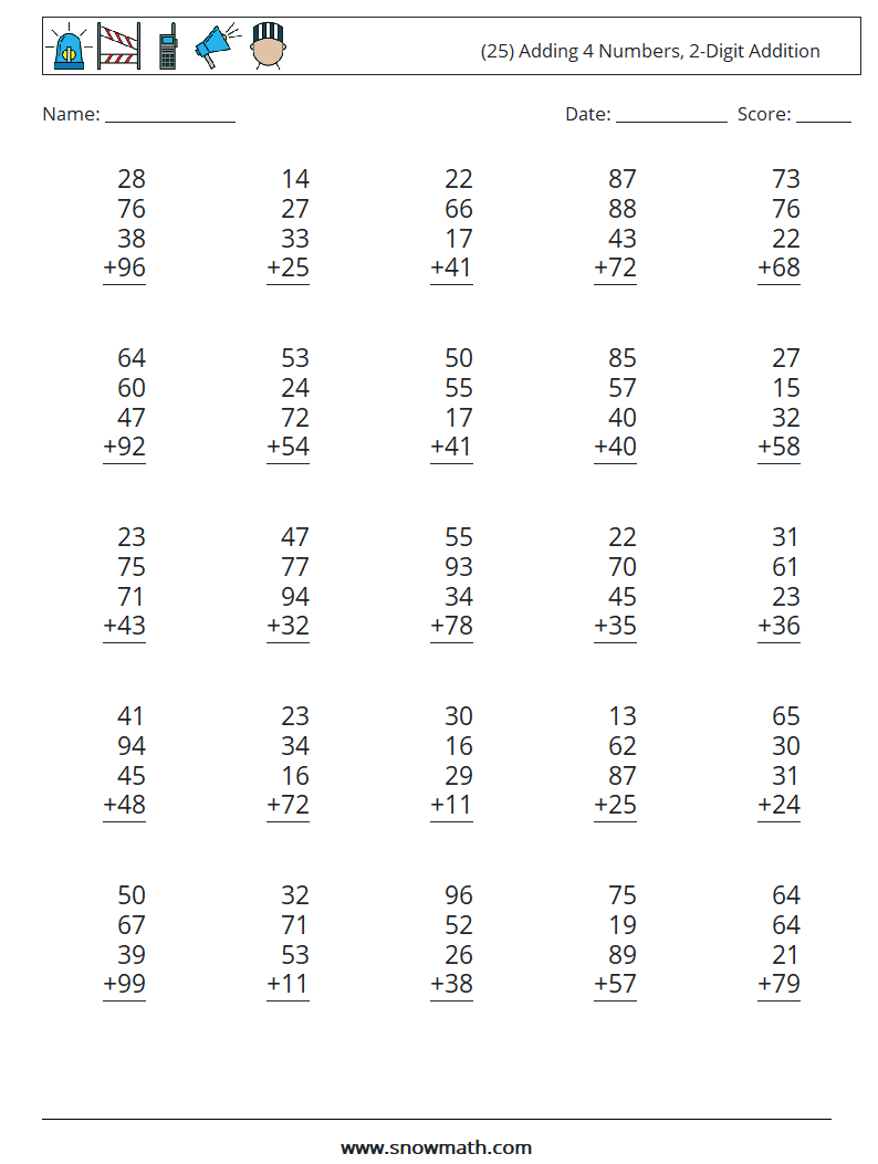 (25) Adding 4 Numbers, 2-Digit Addition Math Worksheets 18
