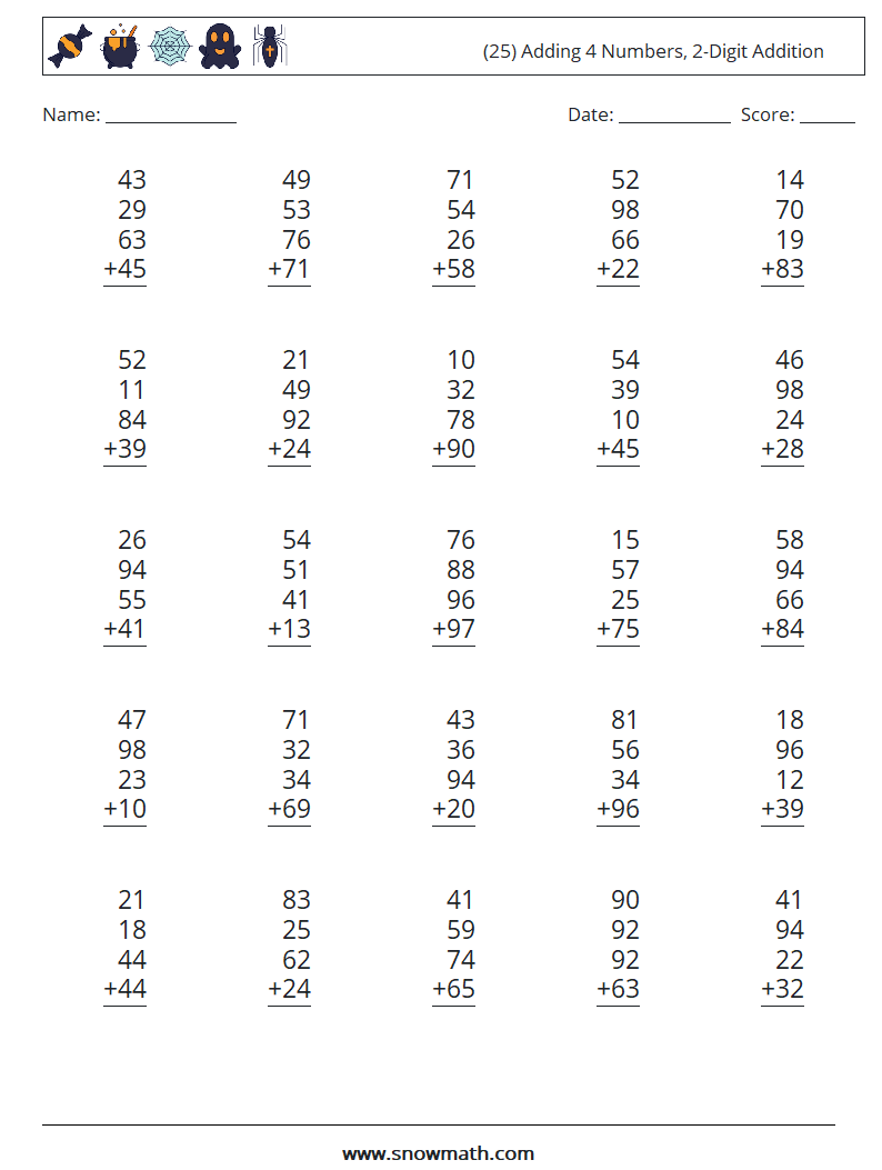 (25) Adding 4 Numbers, 2-Digit Addition Math Worksheets 2