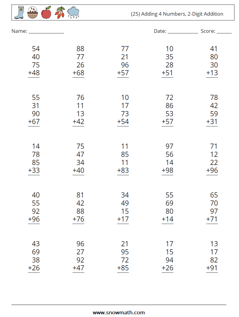 (25) Adding 4 Numbers, 2-Digit Addition Math Worksheets 3