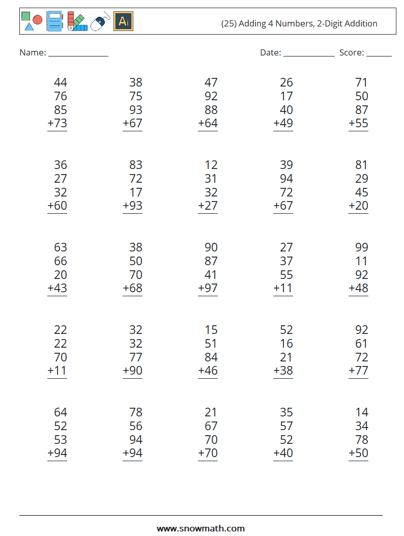(25) Adding 4 Numbers, 2-Digit Addition Maths Worksheets 4