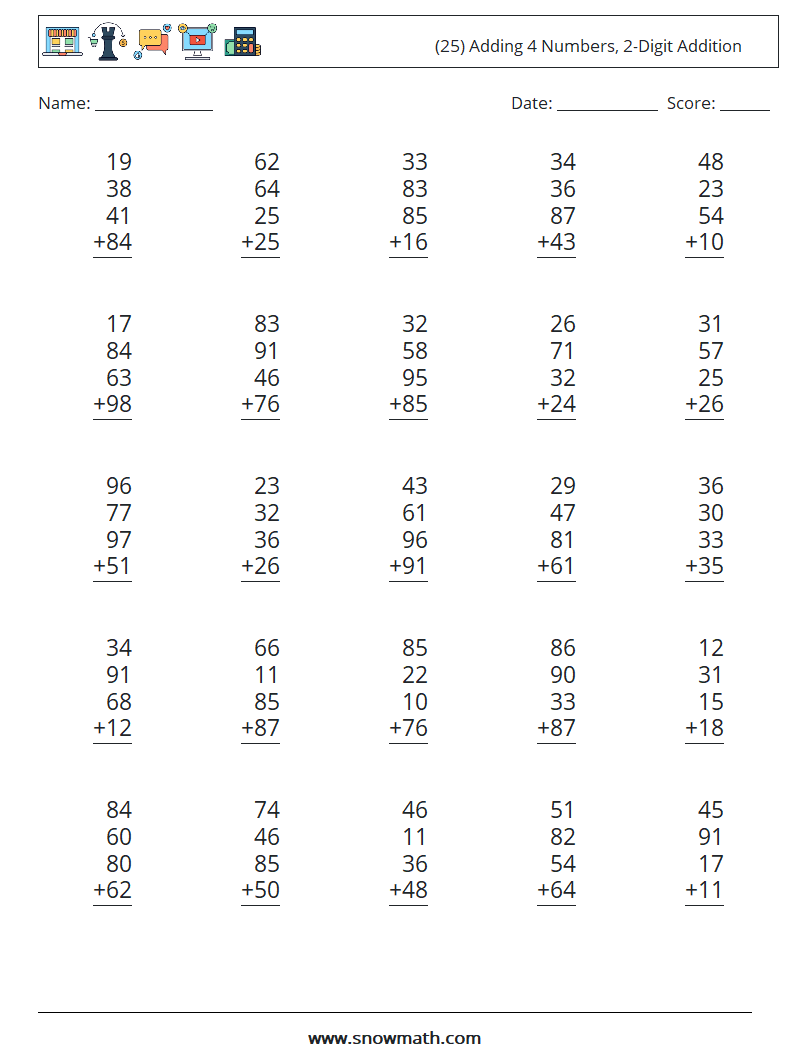 (25) Adding 4 Numbers, 2-Digit Addition Maths Worksheets 5