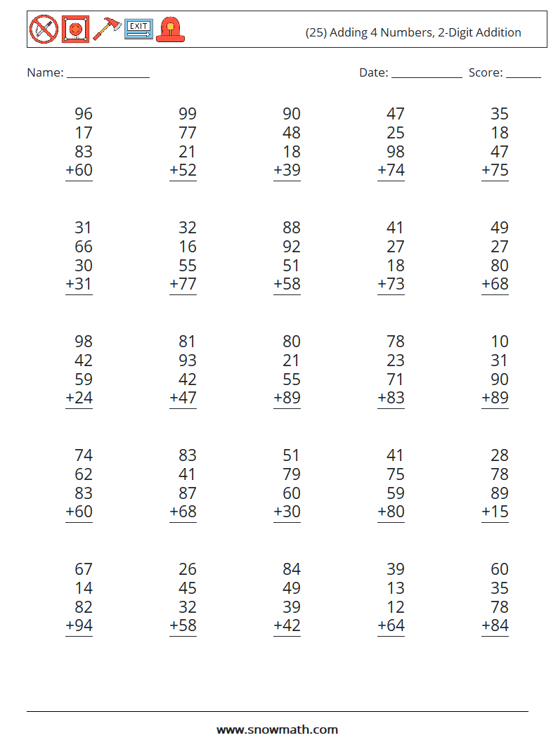 (25) Adding 4 Numbers, 2-Digit Addition Math Worksheets 6