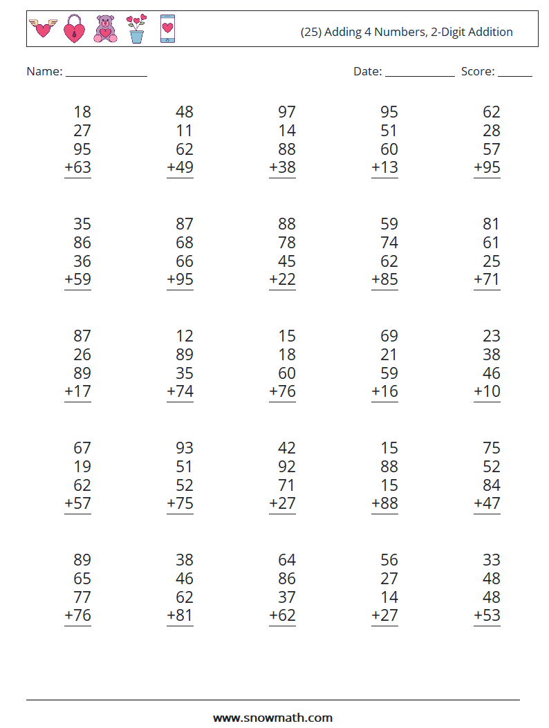 (25) Adding 4 Numbers, 2-Digit Addition Maths Worksheets 7