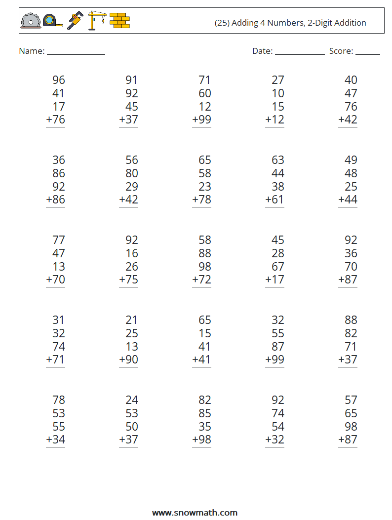 (25) Adding 4 Numbers, 2-Digit Addition Maths Worksheets 9