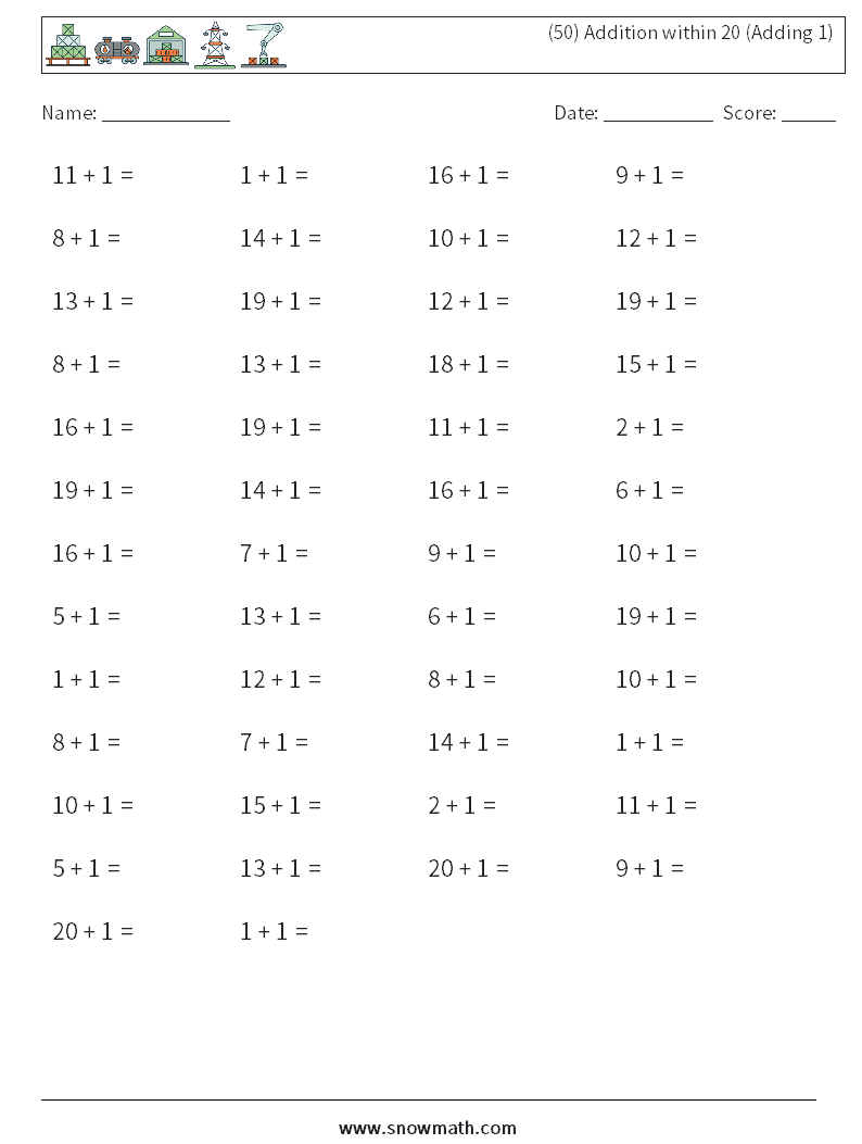 (50) Addition within 20 (Adding 1) Maths Worksheets 4