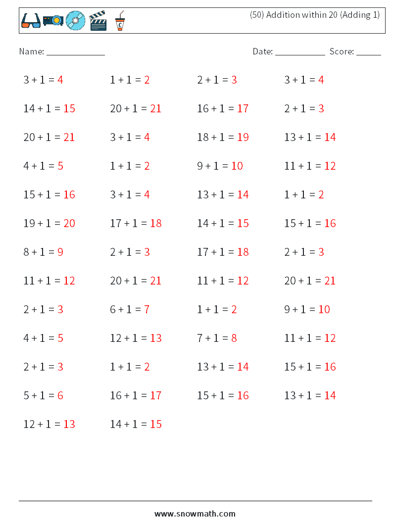 (50) Addition within 20 (Adding 1) Math Worksheets 7 Question, Answer