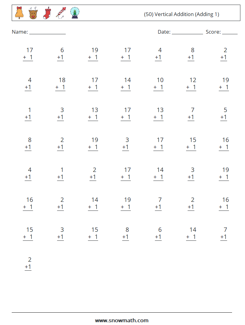 (50) Vertical  Addition (Adding 1)