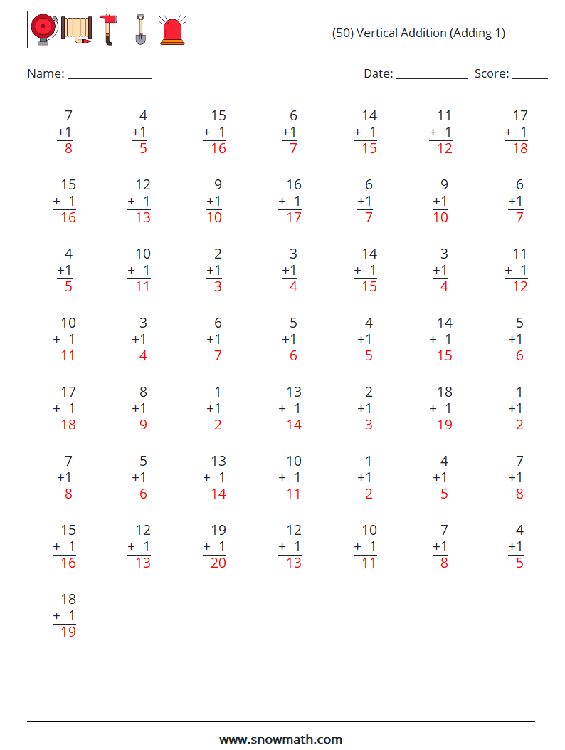 (50) Vertical  Addition (Adding 1) Math Worksheets 10 Question, Answer