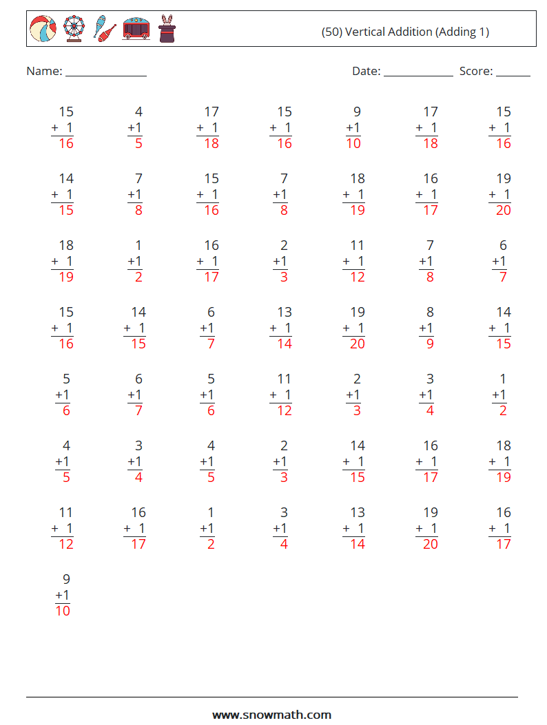 (50) Vertical  Addition (Adding 1) Math Worksheets 11 Question, Answer