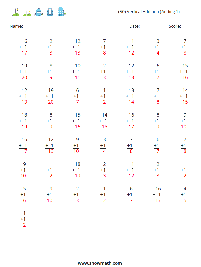 (50) Vertical  Addition (Adding 1) Math Worksheets 12 Question, Answer